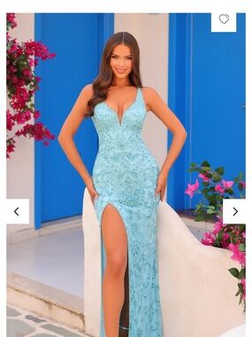 Light Aqua Beaded V-Neck Prom Gown with Thigh Slit